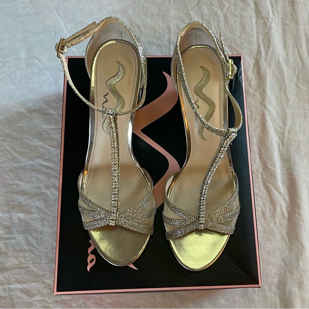 Nina Haviva Rhinestone T-Strap Heels | Gold | Size 8.5